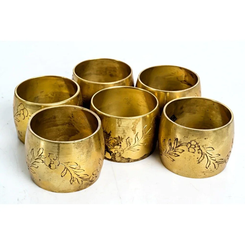 Floral Brass Napkin Rings - Set of 6 - Vintage MCM